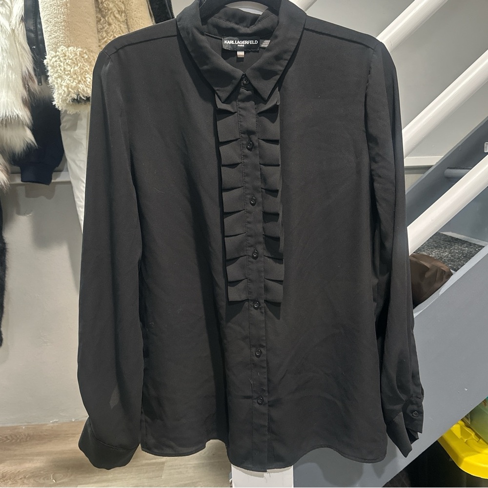 Karl Lagerfeld Black Sheer Ruffled Tuxedo Blouse